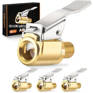 4-Pack Air Chuck Quick Connect, Brass Tire Air Chuck with Clip Adapter Compatible with Schrader Valve, No Leakage Tire Inflator Nozzle Adapter, Unscrewed Connection Converted to Locking Connection