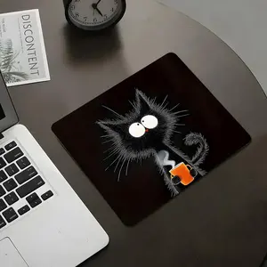 Fluffy Black Cat Coffee Square Gaming Mouse Pad, Stylish Desktop Protector with Non-Slip Rubber Edges, Waterproof Small Size for Laptops and Desktops, Ideal Gift for Kids and Gamers