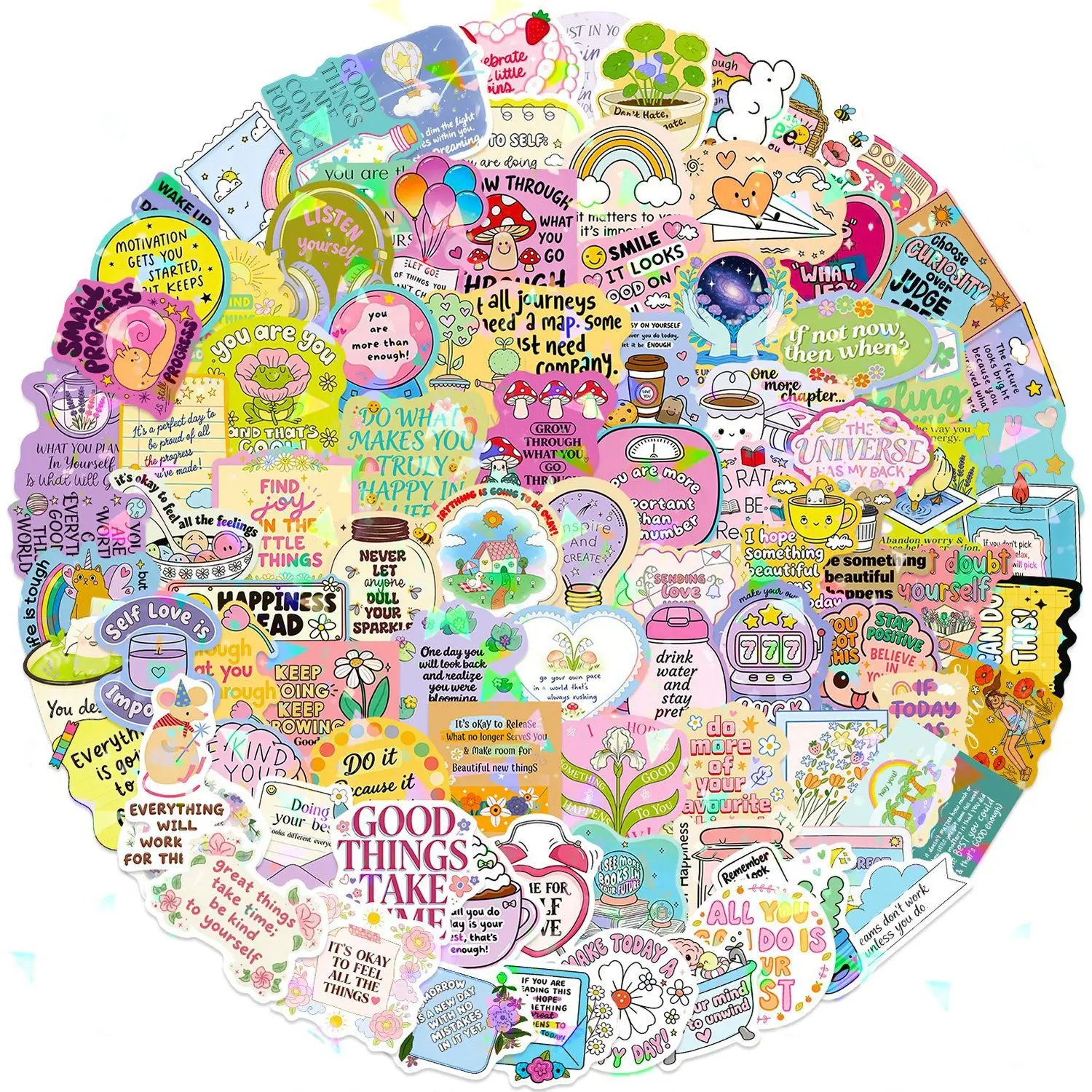 100pcs Colorful-edged Holographic Stickers, Hologram Stickers, Adhesive Decals, Office Supplies, Notebook Accessories, Scrapbook Accessory, Suitable for Scrapbooks, Diaries, Laptops, Water Bottles, Featuring Designs Based on Beliefs