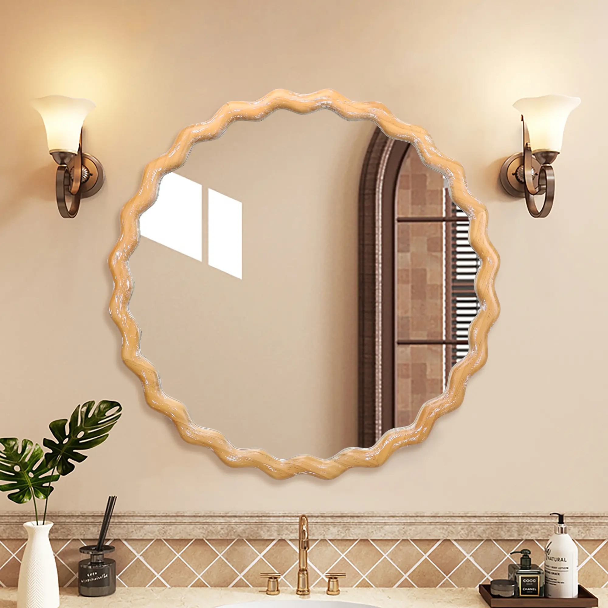 27.5 Inch Round Wavy Wall Mirror, Wooden Farmhouse Circle Vanity Mirror, Whitewash Edge Decorative Hanging Mirror for Bathroom, Bedroom, Entryway, Living Room, Kitchen, Home Office Wall Decor, Bathroom Furniture for Vanity Area, Storage