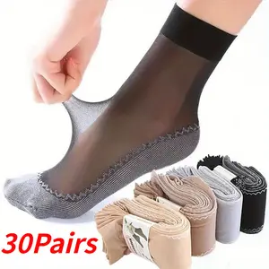 30pairs Random Silky Velvet Ankle Short Sox Elastic Lace Socks Women Transparent Ultrathin Female Mesh Non-Slip Bottom Splice Sock