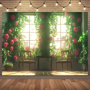 Premium Soft Fabric Wall Hanging Tapestry, 1pc Festive Backdrop with Jungle Green Plants, Pink Roses & Floral Designs, Home & Party Decor Flower Accent Wall Art
