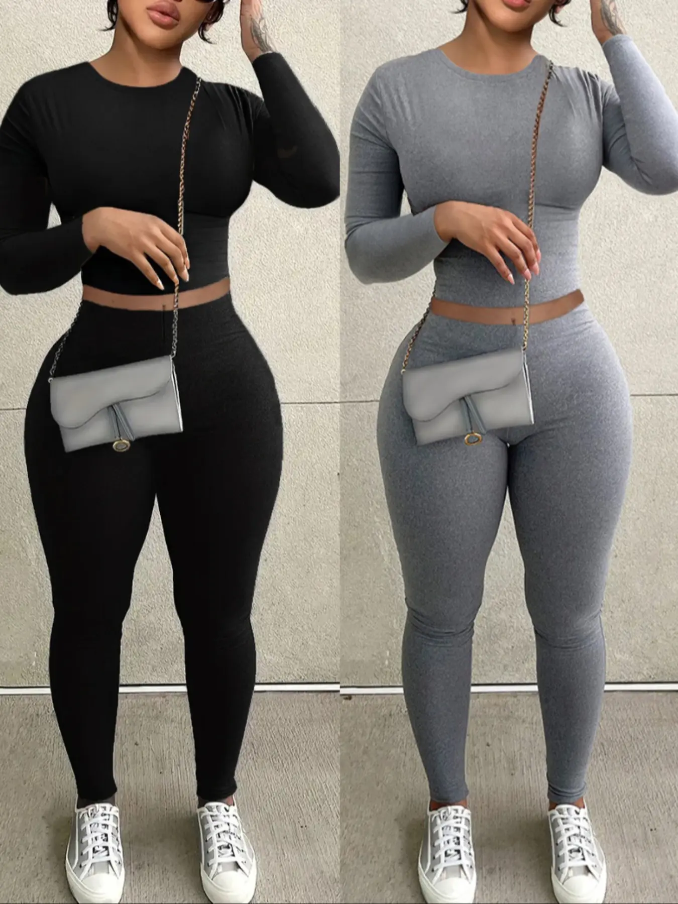 Women's Casual Long Sleeve Crop Top & Leggings Set, long johns, pantsuit, Plain Pattern, Fitted Design, Spring & Fall Fashion, Two-Piece Sportswear, Yoga Clothes Set, Workout Sets Women, Sports Outfit