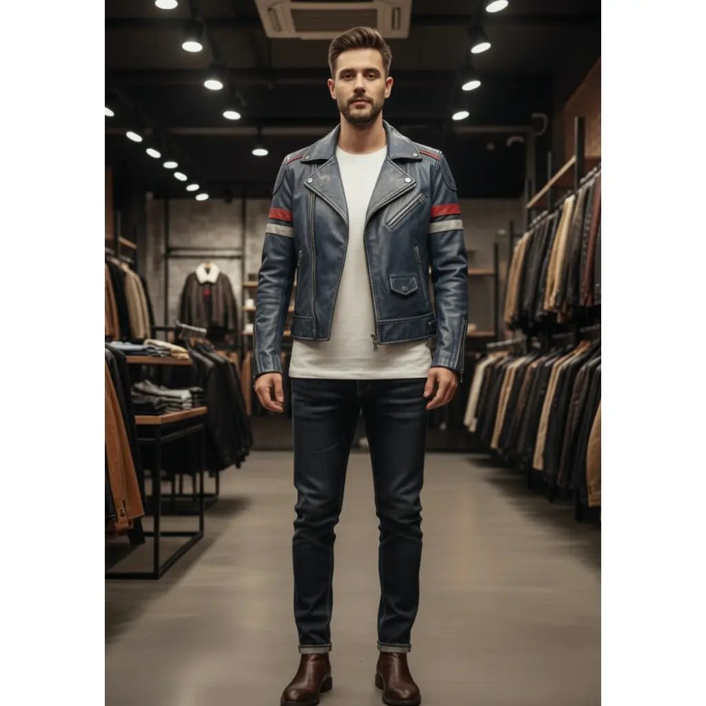 Vintage Distressed Leather Jacket V1V2 Blue