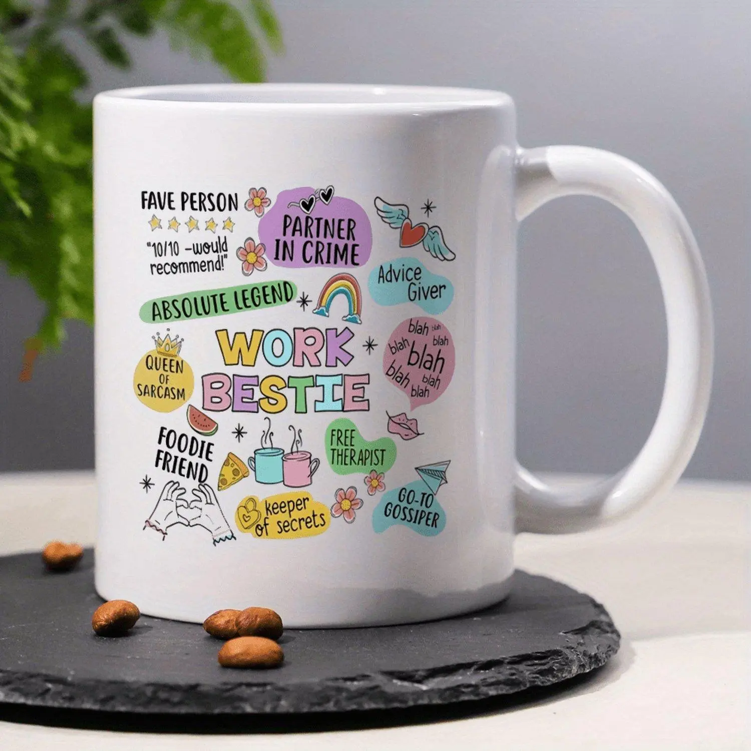 Work Bestie" Funny Humor Coffee Mug- 11oz Insulated Ceramic Cup with Colorful Office-Themed Illustrations, Dishwasher Safe- Perfect Gift for Coworkers, Men& Women, Coffee Bar Accessories, Coworker Gift Mug| Contrasting Handle| Insulated Drinkwar