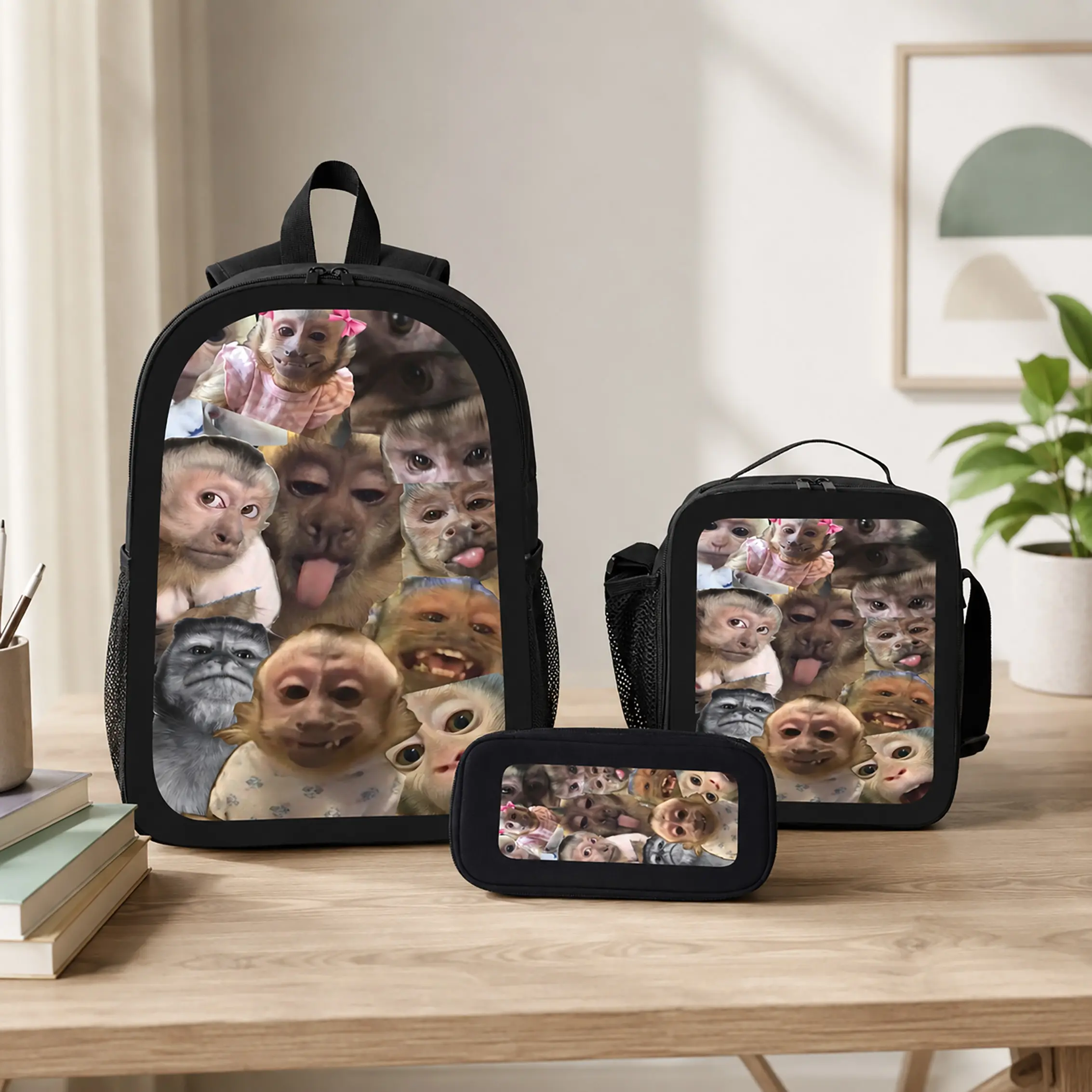 Monkey Ape Backpack Set Durable Polyester School Bookbag Lunch Bag Pencil Case Lightweight Large Capacity Travel Daypack Back To School Supplies Funny Meme Graphic Bag Viral Trendy For Boys Girls Teens Students