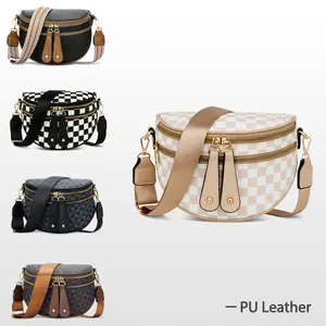 KKXIU Crossbody Sling Bag for Women Trendy Fanny Pack Vegan Leather Chest Bag Checkered Bum Bags for Women Crossbody, Large Fanny Pack Checkered Purse Oversized Slouchy Belt Bag