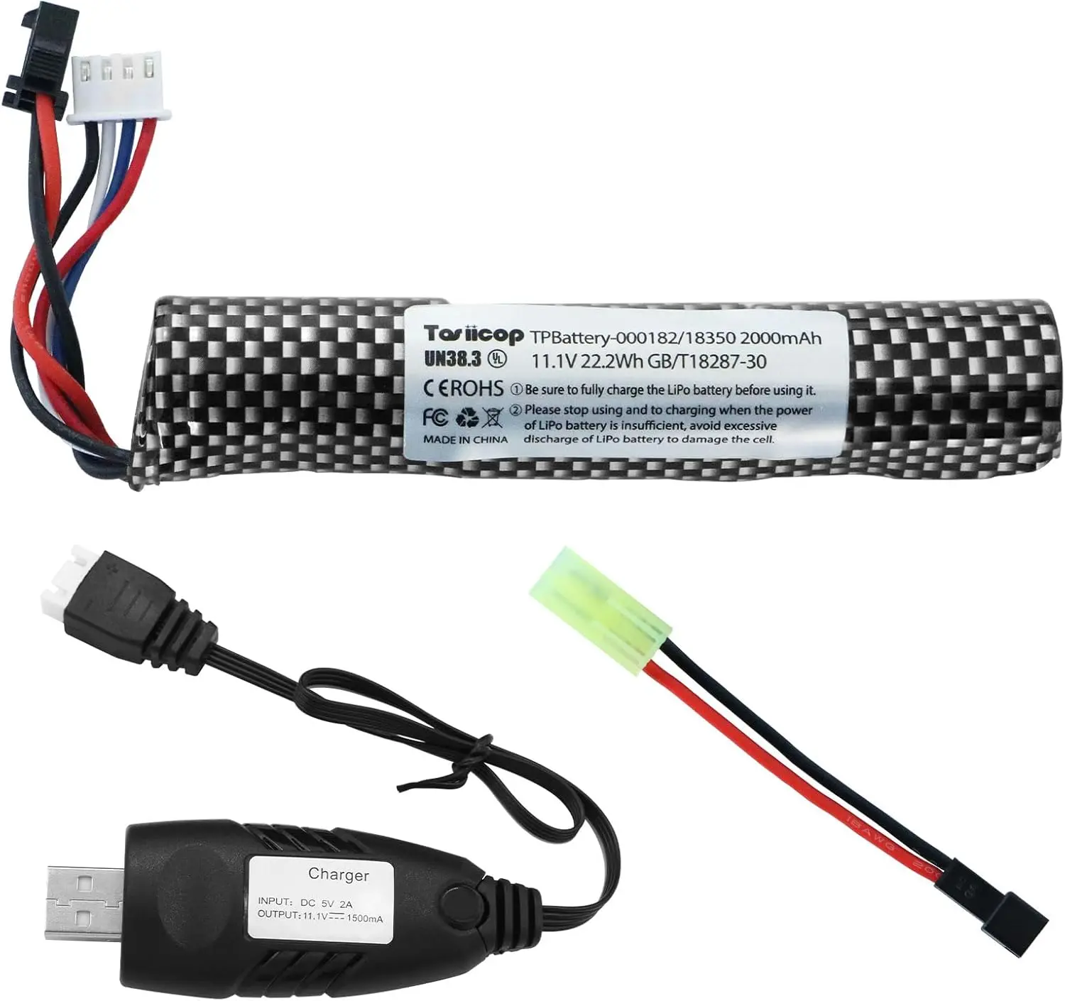 Gel Blaster Battery 11.1V Gel Blaster Battery 2000mah with Charger and SM-2P Plug to Mini Tamiya Connector Conversion Cable for Water Bead Splatter Ball (1 Pack)