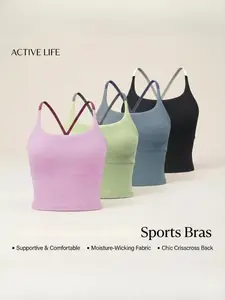 [4pcs]Sporty Women's Plain Criss Cross Sports Bra, Comfort and Durability Sports Crop Cami Top, Ladies Sportswear for Indoor Outdoor Wear, Gym Clothes