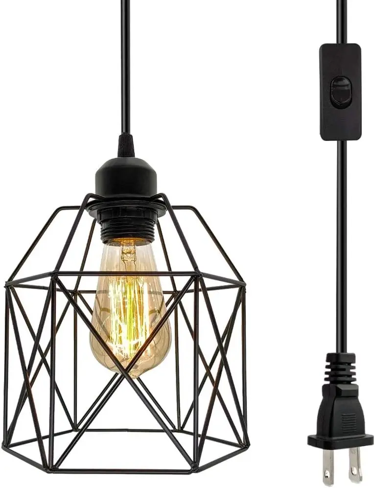 OmiSun Industrial Plug in Pendant Light, Black Cage Pendant Light Fixture with On/Off Switch, E26 Socket Vintage Hanging Light, Farmhouse Pendant Lighting for Kitchen Living Room Dining Room
