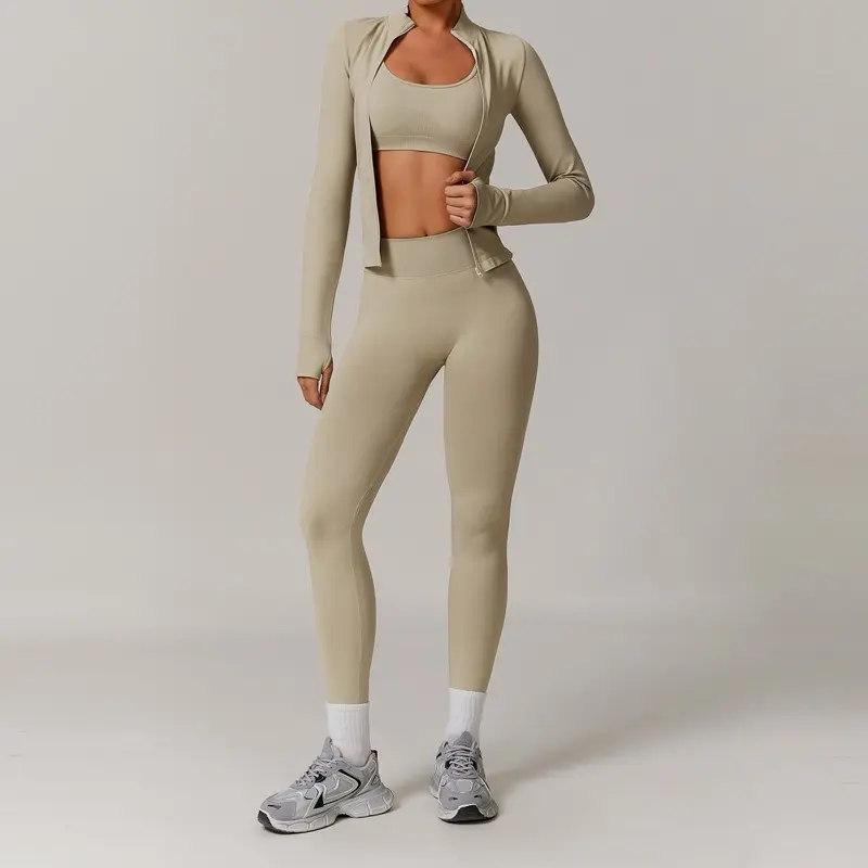 3 Peace Set Activewear - Beige Crop Top & Leggings  for Women