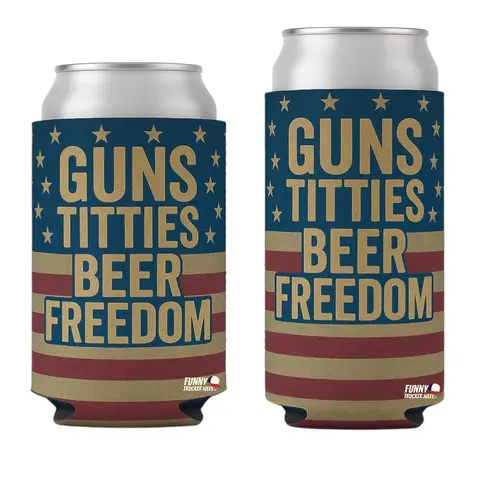 Guns Titties Beer Freedom Double-Sided Beer Can Holder Sleeve Gift for men or dad Portable Summer Beach Bottles Cup Mug Tumbler Drinkware hilarious