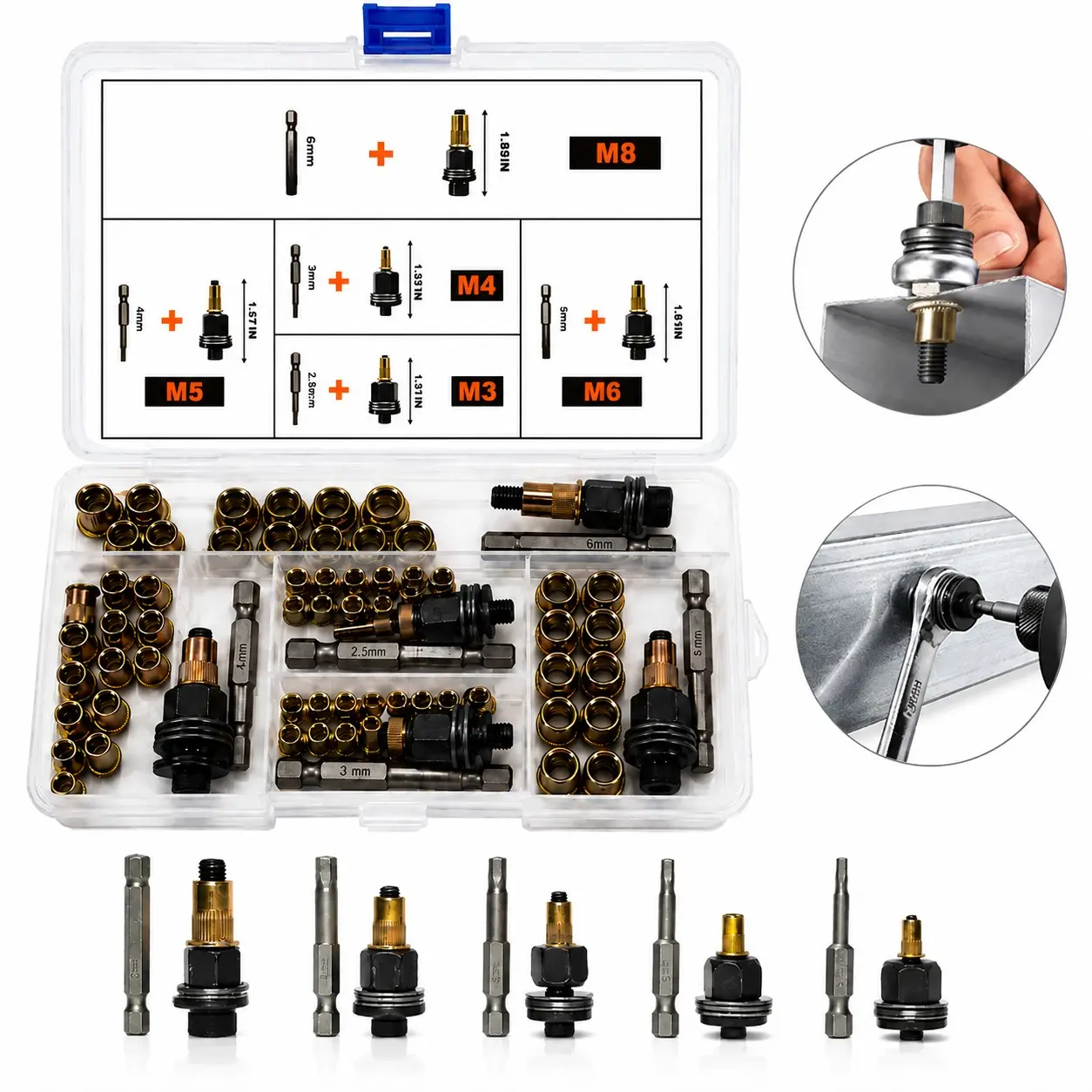 Rivet Nut Tool Kit M3 M4 M5 M6 M8, Manual Rivnut Riveter with Carbon Steel Threaded Insert Nuts Set, Automotive Repair Fastener Tool for DIY Metalwork