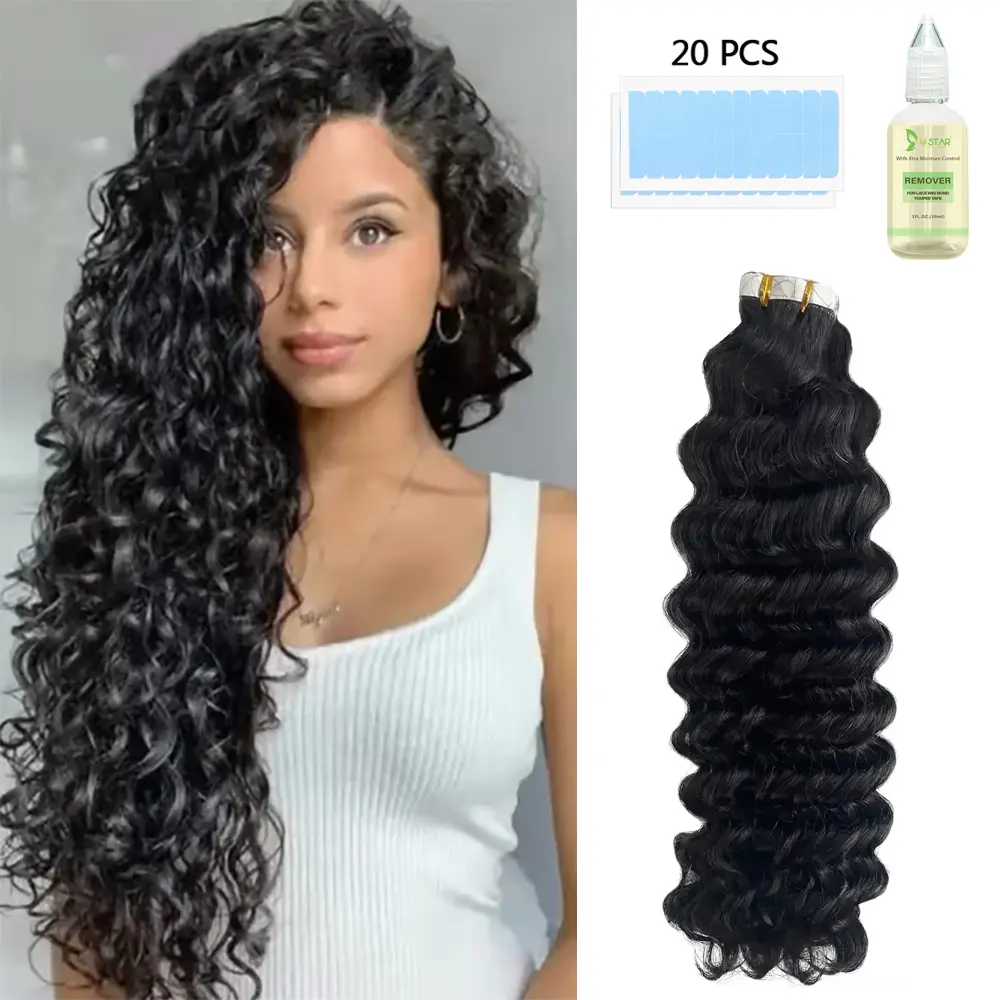 50% human hair blended with 50% synthetic hair Tape In Hair Extensions  Hair 50 g Deep Wave Black Color With Replacement Tapes 20 Pcs, Remover）