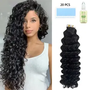 50% human hair blended with 50% synthetic hair Tape In Hair Extensions  Hair 50 g Deep Wave Black Color With Replacement Tapes 20 Pcs, Remover）