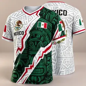 Patriotic Mexican Inspired Soccer Jersey, Eagle, Aztec & Flag Print V-Neck T-Shirt, Lightweight Casual Top for Sports Enthusiasts and Fans