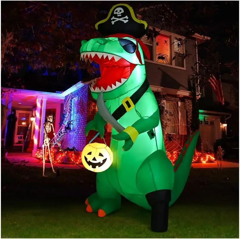 GOOSH 7 FT Halloween Inflatables Dinosaur Outdoor Decorations Blow Up Yard Pirate Dinosaur with Pumpkin Decoration with Built-in LEDs for Indoor Party Garden Lawn Decor