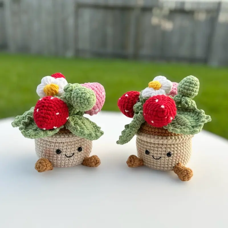 Handmade Crochet Mini Flowers in Pot Decor Decorative Strawberry