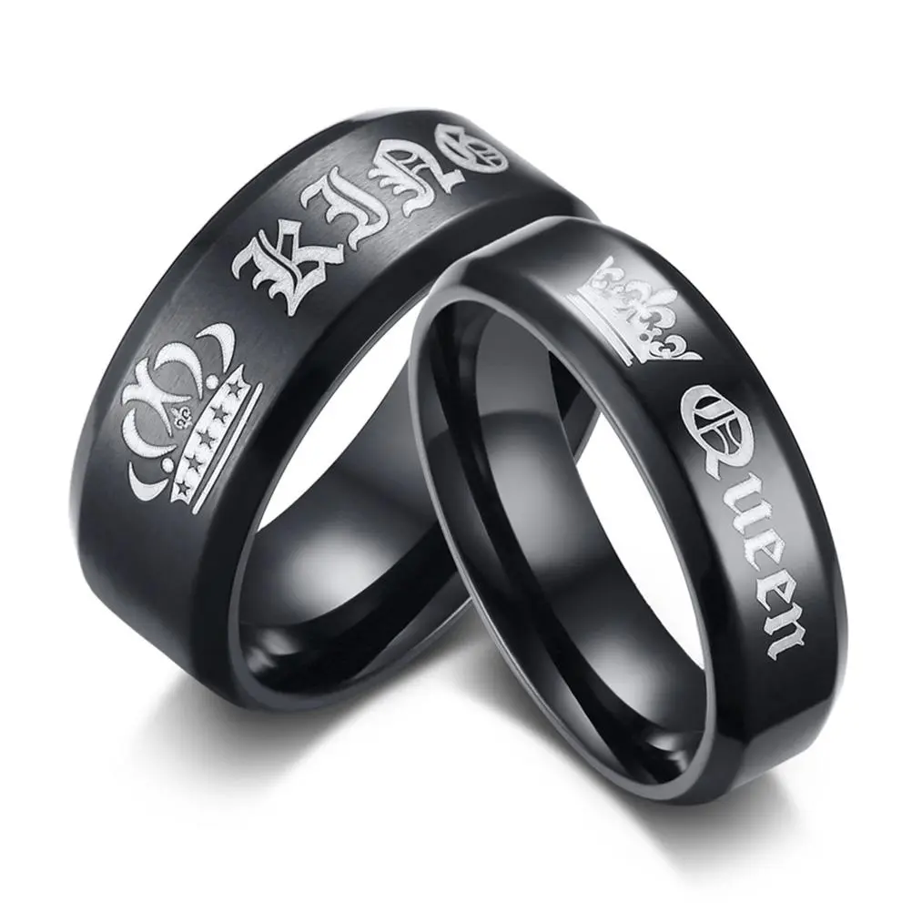 OIDEA His Queen Black Crown Stainless Steel Interlocked Hand-Engraved Statement Jewelry Couple Rings for Engagement, Wedding, Anniversary, Hand-Engraved Rings, Interlocked Rings