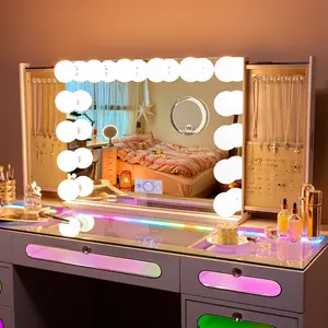 VANITII 32''x 24'' Vanity Mirror with Lights LED Bulbs,Bluetooth Speaker,Jewelry Storage,Charging port station,LCD screen