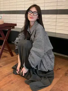 Women's Vintage Striped Shirt Jacket, Blouses, Loose-Fit Korean Style Long Sleeve Top, Spring Woven Fabric, Moderate Thickness, Fashionable Chic Outerwear