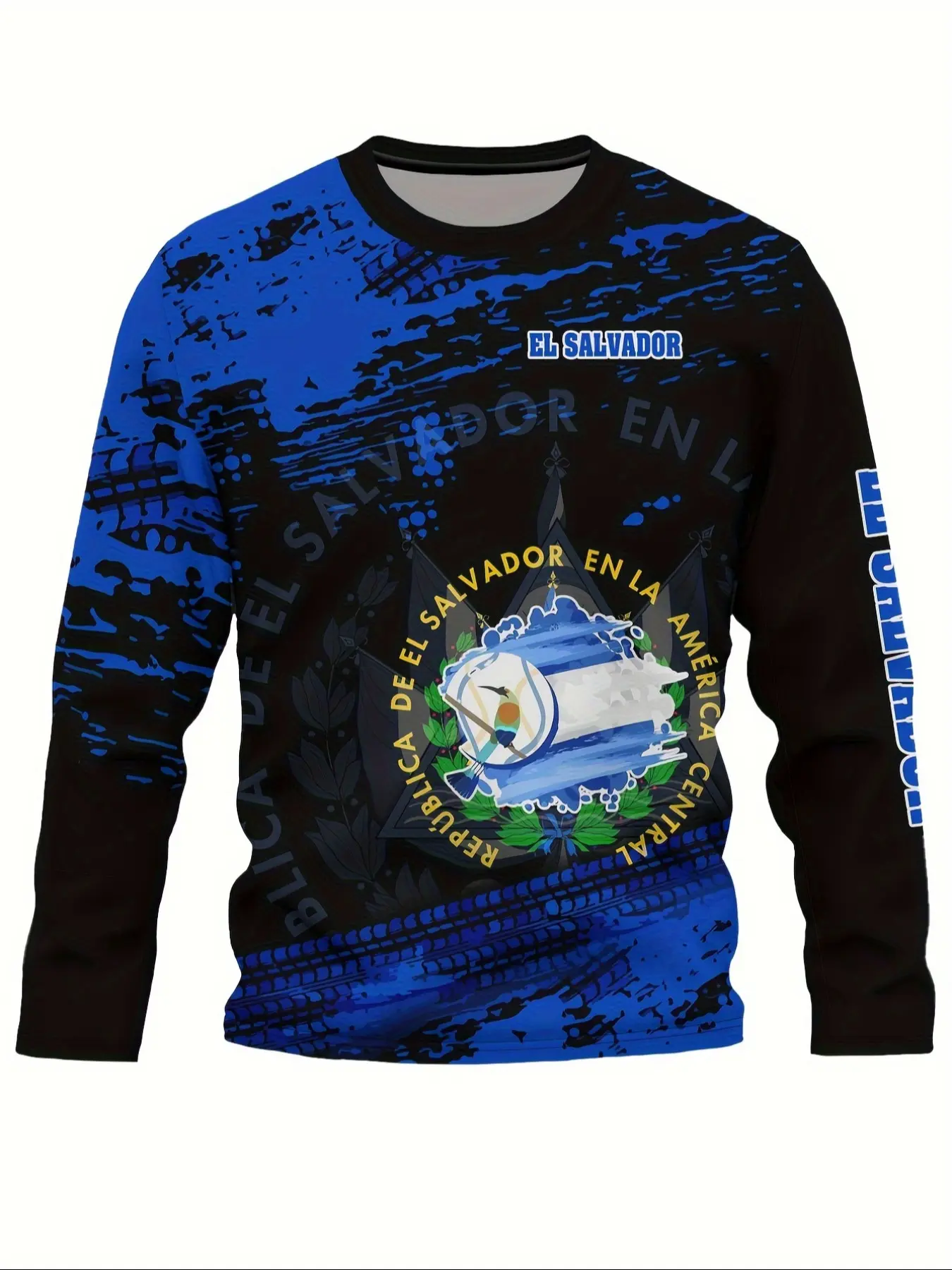 Men's El Salvador Flag Theme Football Jersey, Round Neck Long Sleeve T-Shirt, Sporty Style Fitted Top for All Seasons, Stylish Jersey, Sports Style Jersey, Soccer Jerseys, Sports Clothing