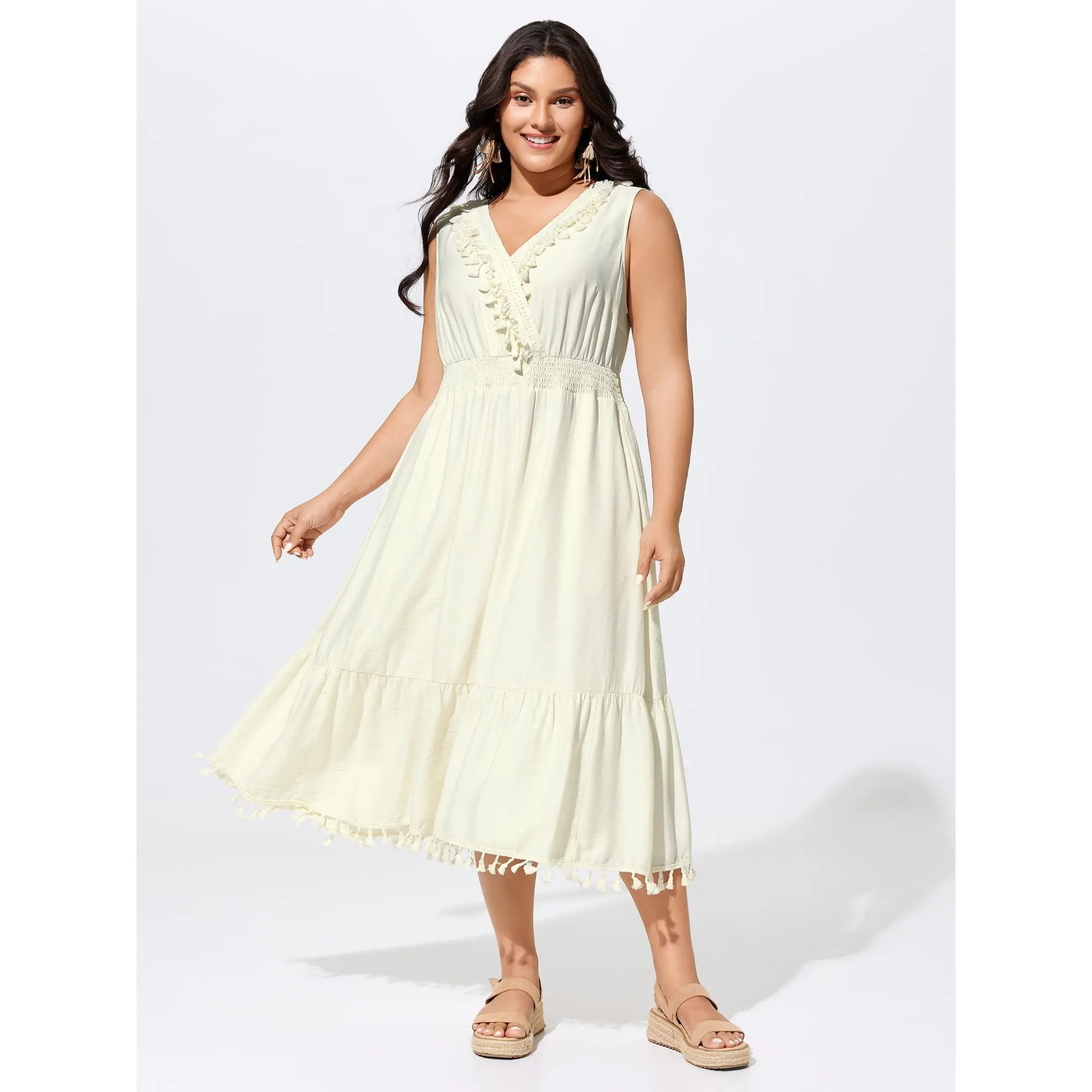 BloomChic Women's Plus Size Bohemian Maxi Dress - Sleeveless, Smocked Waist, Tassel & Lace Trim, Simple Fit, Everyday Casual, Breathable Solid Rayon Blend Fabric, Hand Washable Gown