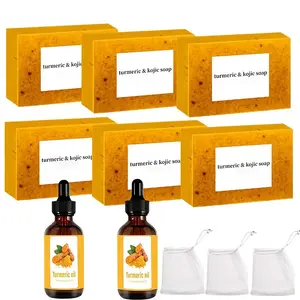 Turmeric Soap Essential Oil Skincare Set, Includes 6 Turmeric Soaps, 2 Turmeric Essential Oils, 3 Soap Bags, Moisturizing Cleansing