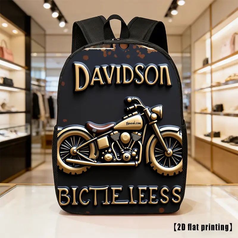 Durable Water Resistant Single Kids Backpack, Lightweight 600D Oxford School Daypack with Retro 3D Golden Classic Chopper Motorcycle & Vintage Letter Full Print, Breathable Padded Strap Large Capacity Biker Casual Bookbag for Motorcycle Lovers