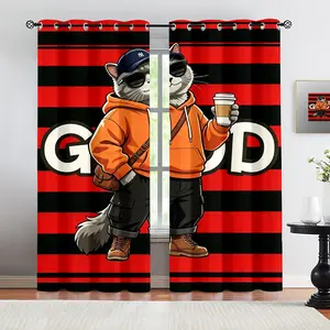 Handsome cat pattern, 2-piece curtain set, suitable for living room, balcony, and bedroom windows, perfect for home, seasonal, holiday room decoration