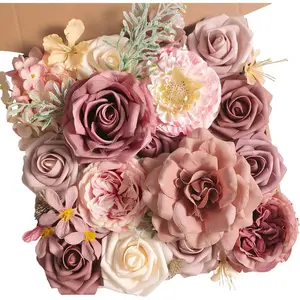 Artificial Flowers Combo Box Set Dusty Rose Fake Flowers Bulk Flower Leaf with Stems for DIY Wedding Bouquets Centerpieces Baby Shower Party Home Decorations