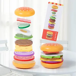 Wooden Burger Toy Set, Fine Motor Skills Game, Play Kitchen Accessories, Includes Food Items & 10 Cards, Suitable for Ages 3+, Perfect Gift for Halloween, Thanksgiving, Christmas, New Year