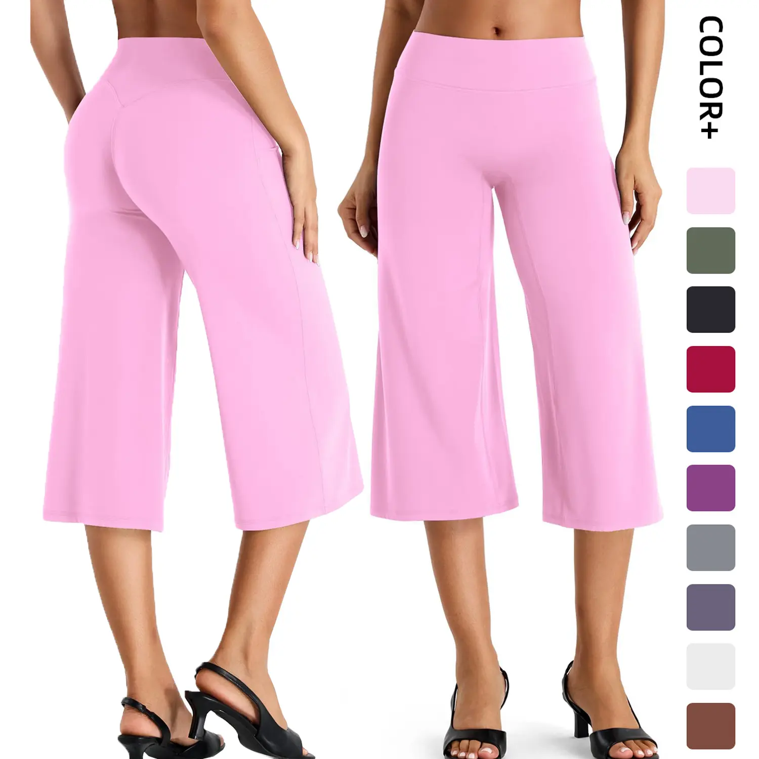 Jetjoy Wide Leg Capri Pants  Legging for Women- Mid Rise Capris for Women Straight Leg No Front Seam V-Back Crop Workout Yoga Lounge 21"  Pants , Wide Leg Capri Pants Gym Work Pilates Outfits Wide Leg Yoga Outfits Womenswear Aesthetics