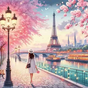 Paris Eiffel Tower Cherry Blossom Stroll 5D Full Drill Diamond Painting Kit – Romantic French Design with Shimmering Pink & Gold Accents – Dreamy Travel Art DIY Wall Decor – Ideal Gift for Romance & Craft Enthusiasts