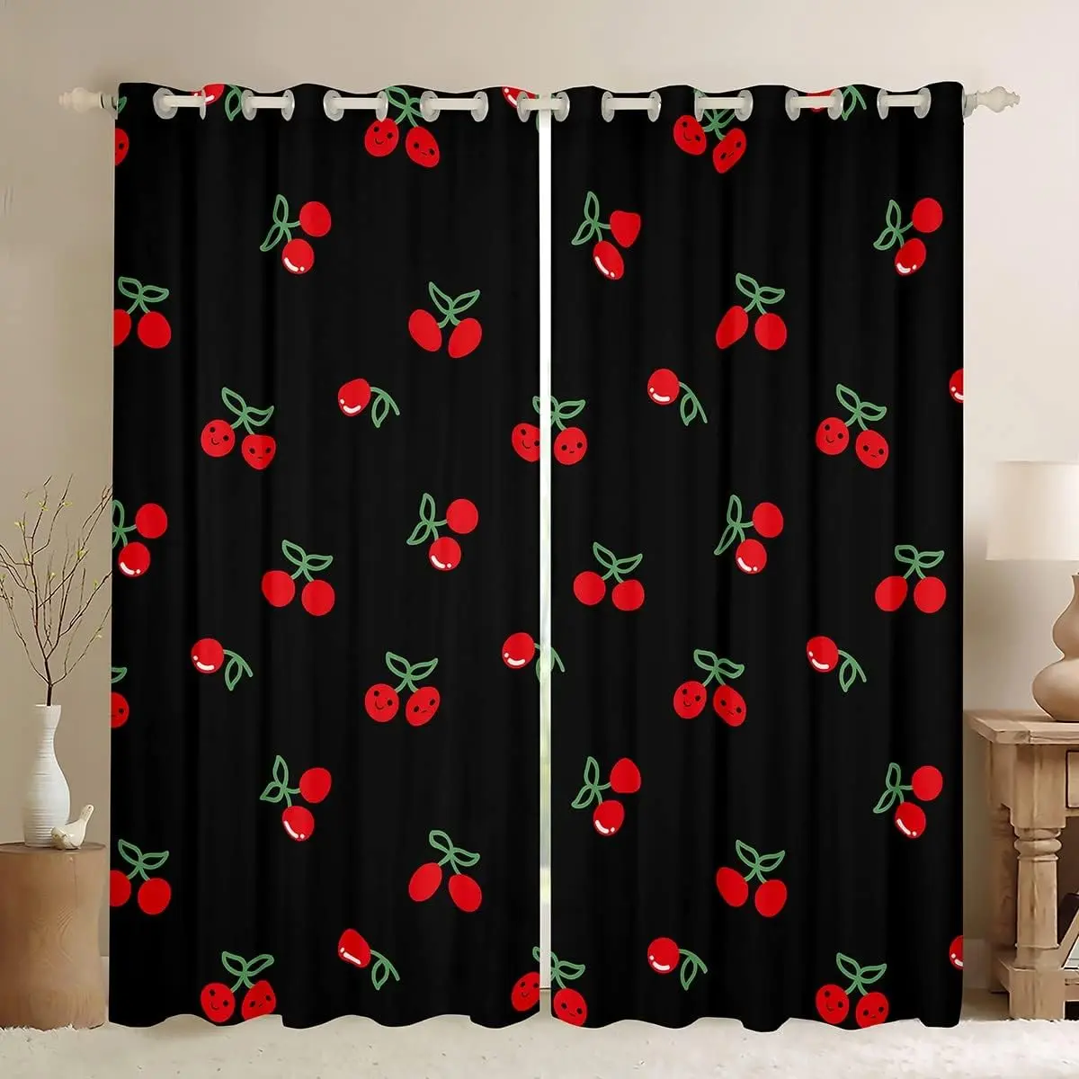 Feelyou 4-Piece Red Black Kawaii Cherry Art Print Blackout Curtains - Colorful Beautiful Patterns Black Curtains Bedroom, Household Textile Home Decoration Drapes, Colorful Curtains