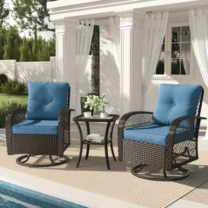 Amopatio 3 Pieces Patio Furniture Set, Outdoor Rattan Swivel Gliders Rocker with Glass Table and Cushions for Poolside/Deck/Garden/Backyard/Porch