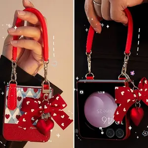 Samsung Galaxy Z Flip 7 PU Leather Protective Phone Case Cover Casing with PC Back Panel, Hand Strap & Butterfly Heart Charm, Fits Z Flip 7 Fe/z Flip 6/z Flip 5