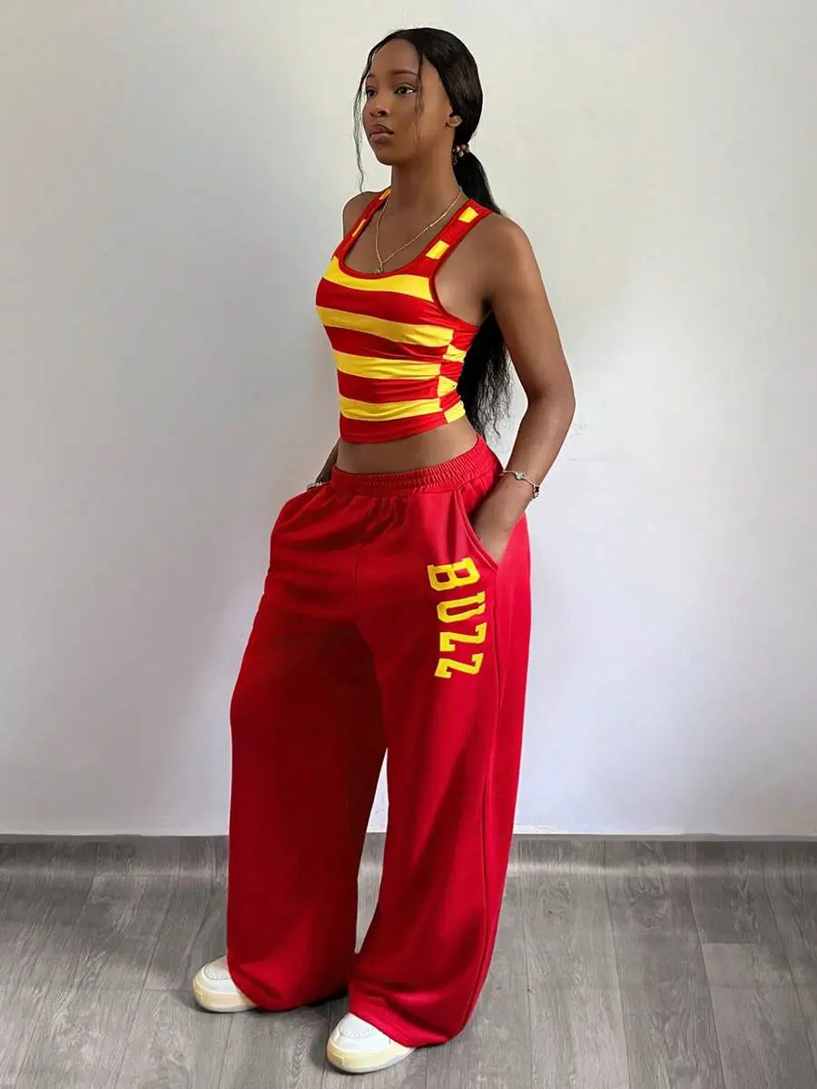 POCAME Women's Y2K Style Striped 2 Pieces Set, 2000s Streetwear, Autumn/Spring