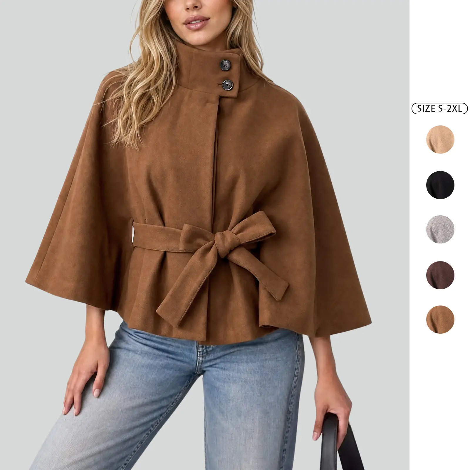 Imily Bela Women's High Neck Belted Cape Coat Cropped Wool Blend Cloak Jacket Fall Outerwear