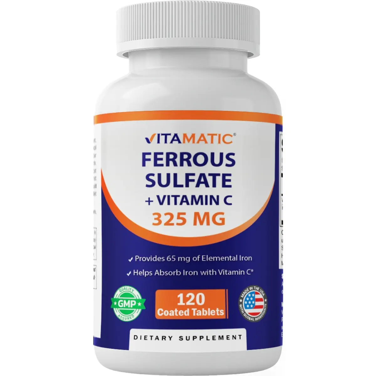 Vitamatic Ferrous Sulphate 325 mg + Vitamin C 100 mg - 65 mg Elemental Iron - 120 Coated Tablets - Supports Red Blood Cell Formation* - Made in USA