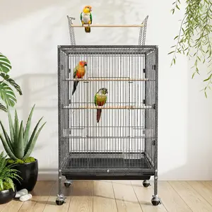 Heavy Duty Metal Bird Cage with Play Open Top, 38" Spacious Flight Cage with Rolling Stand for Parakeets Cockatiels Budgies Canaries Lovebirds, Easy Assembly & Cleaning Birdcage with Removable Tray, Portable Indoor Aviary, Black