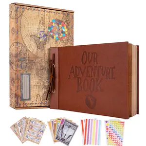 Our Adventure Book Scrapbook Photo Album 11.9 x 7.6 inches 80 Pages, 3D Vintage Embossed Lettering Leather Hard Cover Holiday Gift Commemorative Book Craft Sticker