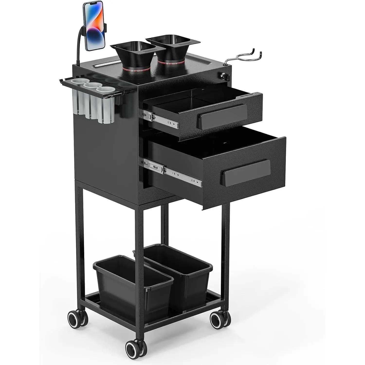 OmySalon Sturdy Stable Black Metal Mobile Commercial Salon Trolley Cart for Hair Stylists & Hairdressing - Lockable Drawer Station, 2 Magnetic Bowls, 2 Storage Baskets, Salon Styling Tool, Mobile Phone Holder