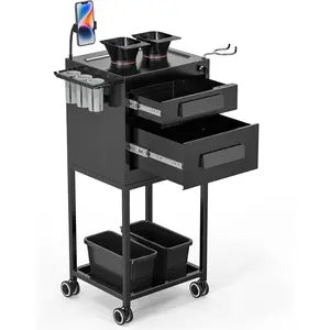 OmySalon Salon Trolley Cart for Hair Stylist, Metal Salon Station with Lockable Drawers, 2 Magnetic Bowls & 2 Storage Baskets, Beauty Barber & Tattoo Cart, Black