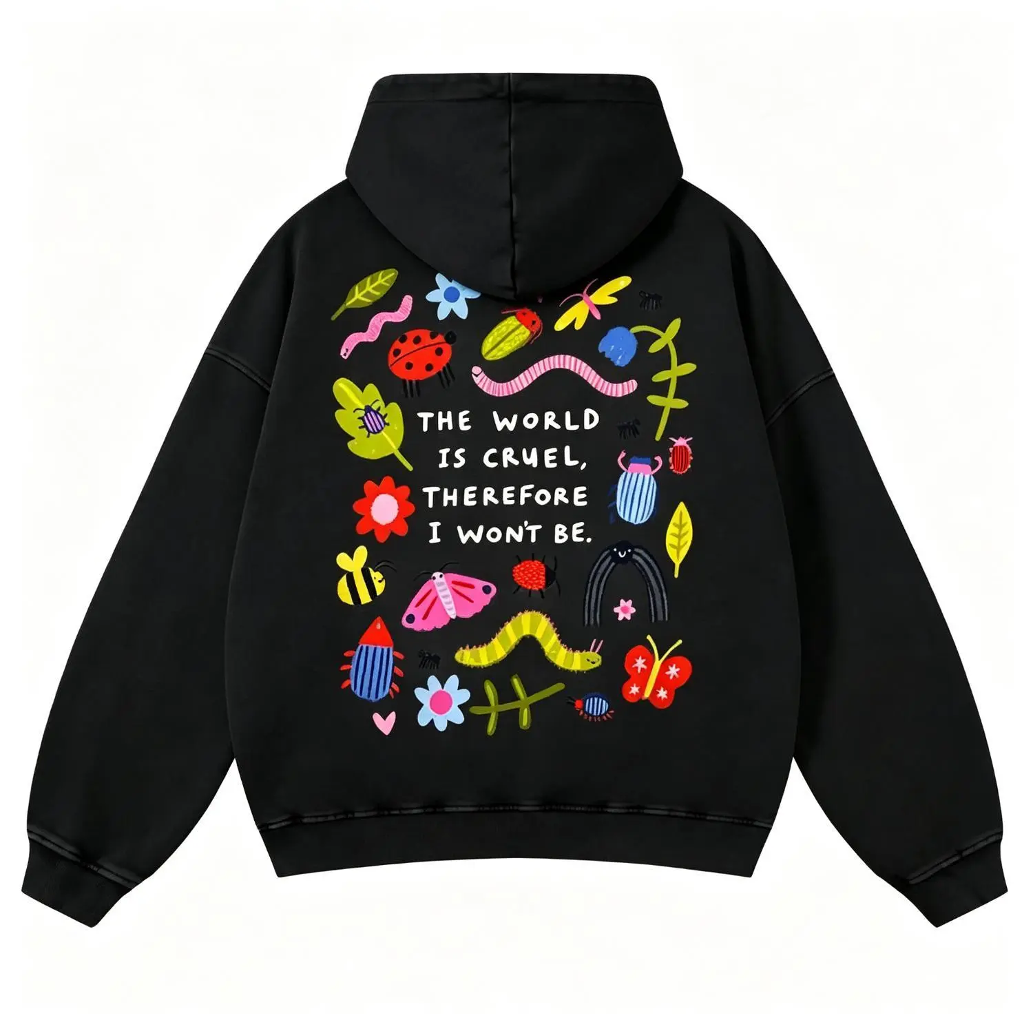 Cute Bug Print Pink Hoodie The World Is Cruel Slogan 380g Autumn Vintage Hoodie Graphic Sweatshirt