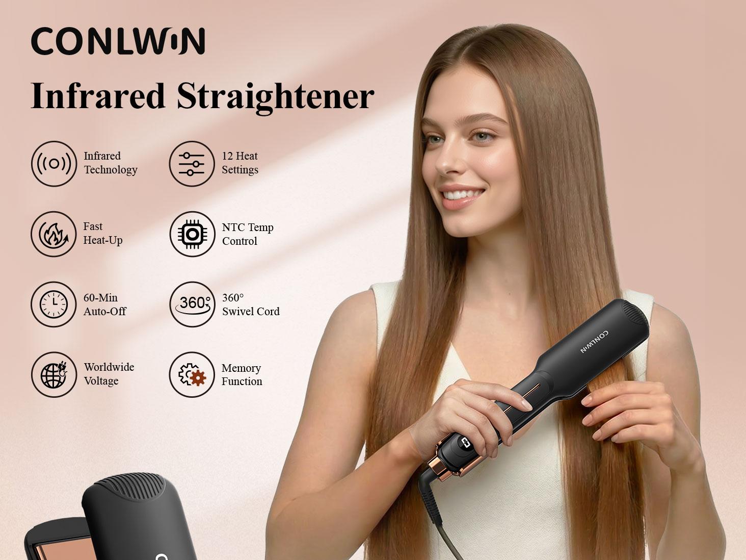 1.75" Infrared Flat Iron Hair Straightener, 3-in-1 Straighten/Curl/Care Ceramic Flat Iron, 12 Temps & 3s Heat-Up for All Hair Types, Negative Ions for Frizz-Free, Dual Voltage for Travel 1.75" Infrared Flat Iron Hair Straightener, 3-in-1 Straighten/Curl/Care Ceramic Flat Iron, 12 Temps & 3s Heat-Up for All Hair Types, Negative Ions for Frizz-Free, Dual Voltage for Travel