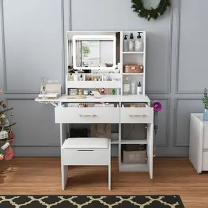 Bellemave Vanity Desk with LED Mirror Lights and Power Outlet Charging Station, Makeup Dressing Table with 3 Drawers, 7 Shelves and Storage Stool, for Girls and Women (White)