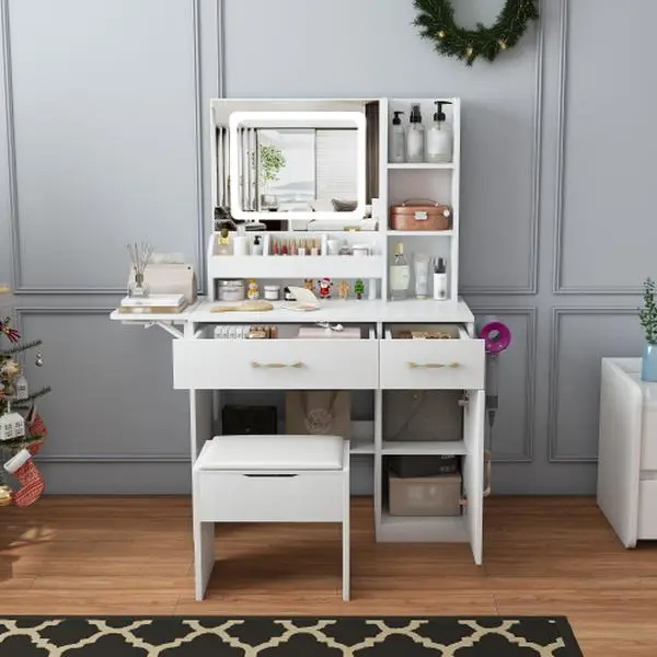 Bellemave Vanity Desk with LED Mirror Lights and Power Outlet Charging Station, Makeup Dressing Table with 3 Drawers, 7 Shelves and Storage Stool, for Girls and Women (White)