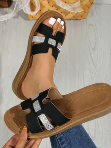 Fashion Casual Rhinestone Flat Sandals, Women, PU Upper Material, Rubber Sole, Less Than Ankle Height, Medium Width, Plain Pattern, Footwear