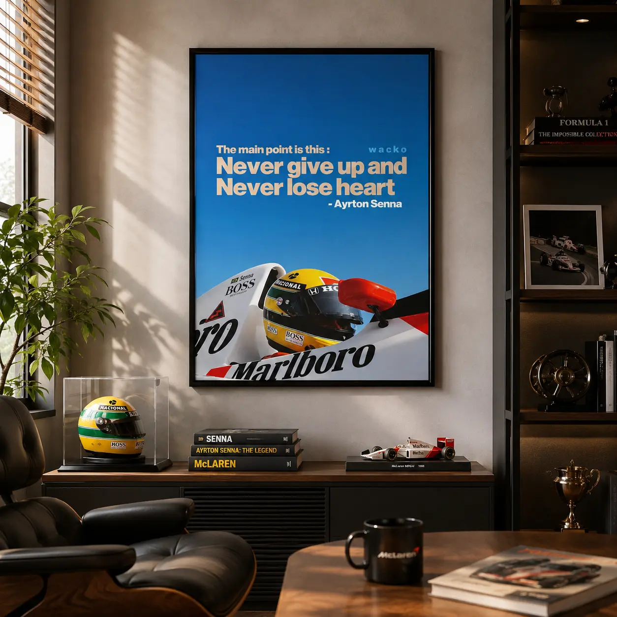 Ayrton Senna Motivational Quote Framed Canvas Wall Art, Classic F1 McLaren Racing Helmet Blue Sky Inspirational Poster, Never Give Up Life Phrase Vintage Motorsport Print, Garage Man Cave Office Decor, Racing Fan Masculine Wall Hanging Gift